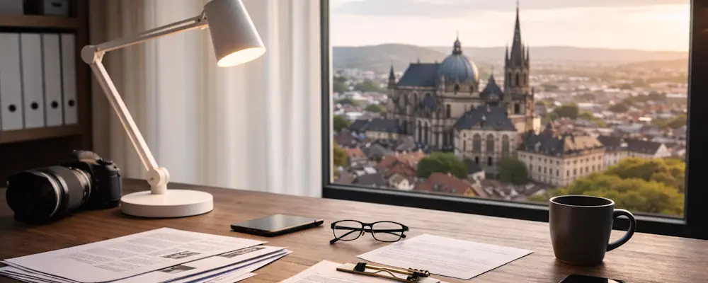 Ermittlungsarbeitsplatz eines Detektivs für Aachen mit Blick auf den Aachener Dom.