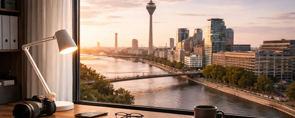 Ermittlungsarbeitsplatz eines Privatdetektivs in Düsseldorf mit Blick auf den Rhein und den Rheinturm.