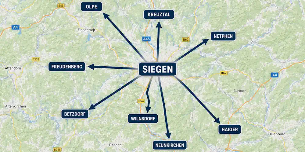 Karte des Einsatzgebiets der Detektei Condor im Raum Siegen mit Pfeilen zu den umliegenden Einsatzorten Kreuztal, Netphen, Olpe, Wilnsdorf, Neunkirchen, Haiger, Betzdorf und Freudenberg.