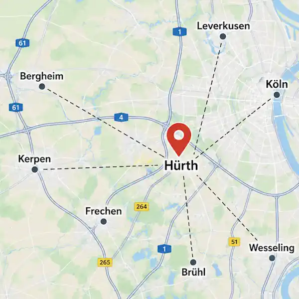 Karte zum Einsatzgebiet unserer Detektive in Hürth mit den umliegenden Städten Köln, Brühl, Frechen, Kerpen, Bergheim, Wesseling und Leverkusen. Hürth ist als zentraler Einsatzort markiert.