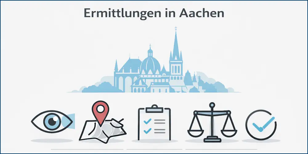 Grafische Infografik mit stilisierter Skyline von Aachen und Symbolen für Observation, Recherche, Dokumentation und rechtssichere Ermittlungen in Aachen und Umgebung.