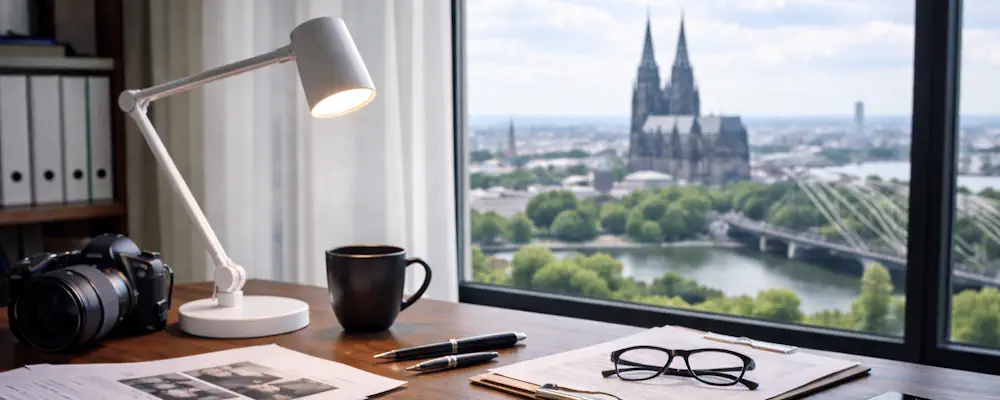 Ermittlungsarbeitsplatz eines Privatdetektivs in Köln mit Blick auf den Kölner Dom.