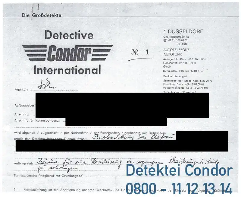 Erster erhaltener Auftrag der Detektei Condor vom 2. Juni 1973