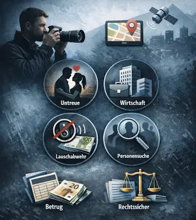 Infografik zu Detektivleistungen in Verden (Aller) mit Symbolen für Observation, Untreue, Wirtschaftsdetektei, Lauschabwehr, Personensuche und Betrugsaufklärung.