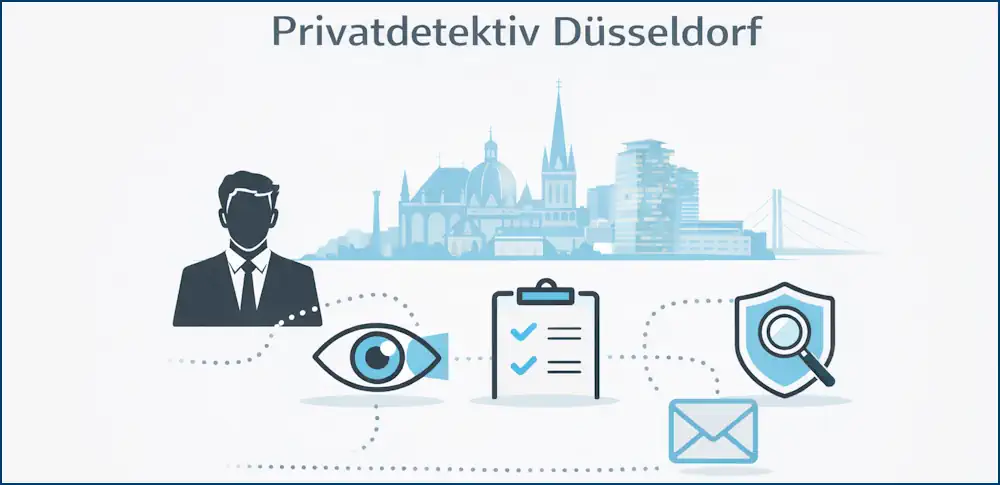 Grafische Infografik zur Arbeitsweise eines Privatdetektivs in Düsseldorf mit Symbolen für Observation, Dokumentation und rechtssichere Ermittlungen.