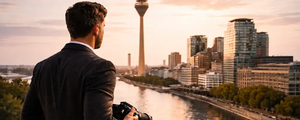 Detektiv in Düsseldorf beobachtet mit Kamera in der Hand. Im Hintergrund die Skyline hinter dem Rhein mit Blick auf den Rheinturm.