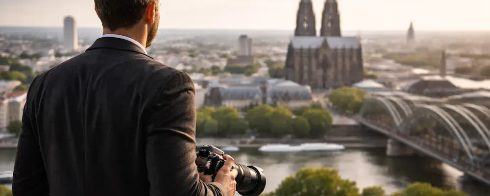 Privatdetektiv bei der Observation mit Blick über Köln auf den Dom und das Stadtgebiet.