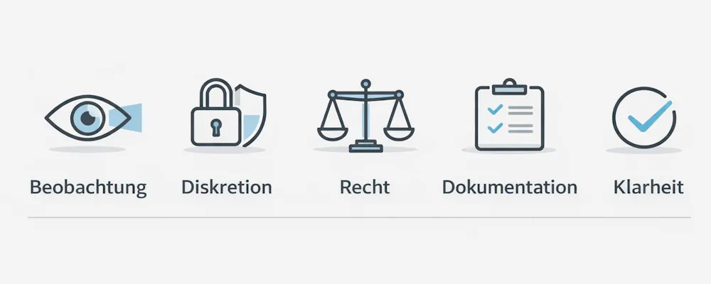 Horizontale Infografik mit Symbolen für Beobachtung, Diskretion, Recht, Dokumentation und Klarheit bei Detektivermittlungen in Köln.