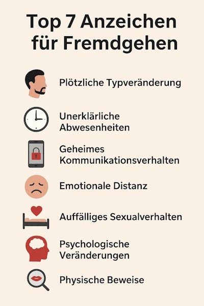 Info-Grafik Top 7 Anzeichen für Fremdgehen - wie verhält sich ein Mann der fremdgeht. 1. Plötzliche Typveränderung 2. Unerklärliche Abwesenheit 3. Geheimes Kommunikationsverhalten 4. Emotionale Distanz 5. Auffälliges Sexualverhalten 6. Psychologische Veränderungen 7. Psychische Beweise