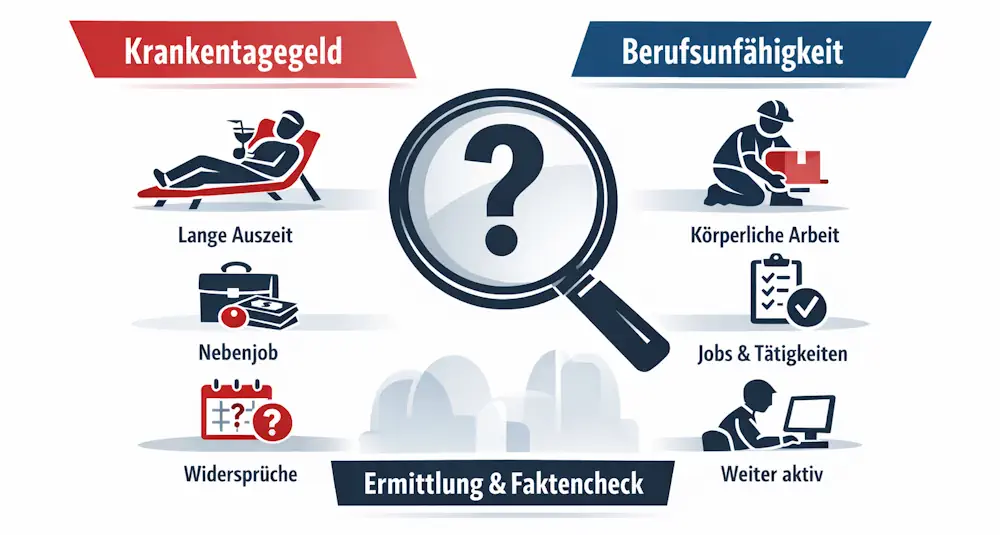 Infografik zu Versicherungsbetrug mit Krankentagegeld und Berufsunfähigkeit mit typischen Merkmalen und Widersprüchen.