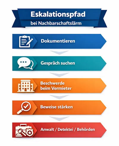 Eskalationspfad bei Nachbarschaftslärm - Dokumentieren - Gespräch suche - Beschwerde beim Vermieter - Beweise stärken - Anwalt / Detektei / Behörden