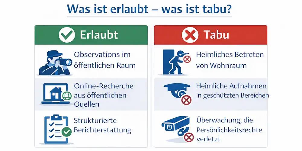 Infografik mit Gegenüberstellung erlaubter und verbotener Maßnahmen beim Nachweis illegaler Untervermietung, darunter Observation im öffentlichen Raum sowie unzulässige Eingriffe in die Privatsphäre.