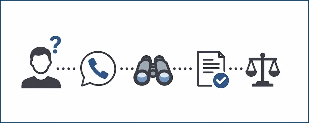 Symbolische Infografik zur Detektivarbeit in Bonn – von der ersten Unsicherheit bis zur rechtssicheren Klärung.