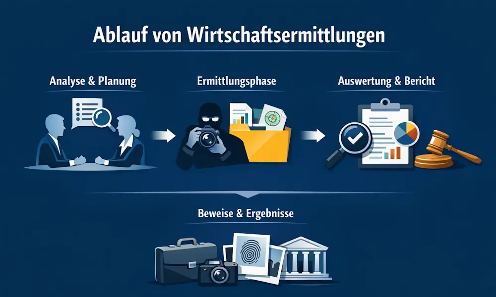 Grafik, die den Ablauf von Wirtschaftsermittlungen durch die Wirtschaftsdetektei Condor beschreibt, von der Analyse und Planung über die Ermittlungsphase bis und zur Auswertung und dem Bericht. Am Ende stehen Beweise und Ergebnisse durch die Arbeit der Wirtschaftsdetektive.